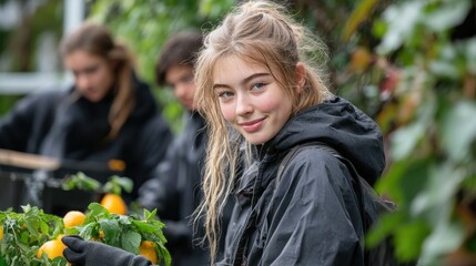 Gen z team collaborating in outdoor company-led community garden project