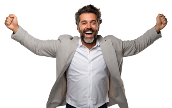 PNG Man with arms outstretched shouting white background achievement.