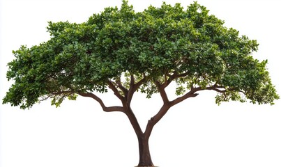 A large tree with green leaves is standing alone on a white background. The tree is the main focus of the image, and it is a symbol of strength and resilience