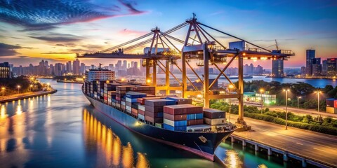 Obraz premium Container Ship at Sunset, A panoramic view of a container ship docked in a harbor at sunset, with cranes and city lights reflecting in the water. , shipping, container, harbor , sunset
