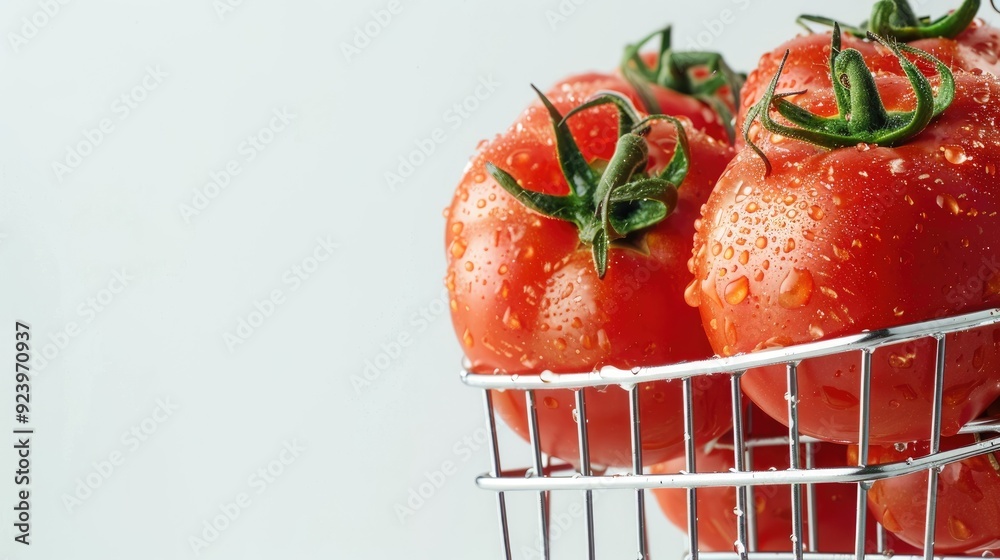 Poster ripe tomatoes in shopping cart on white background for online trading banner with copy space