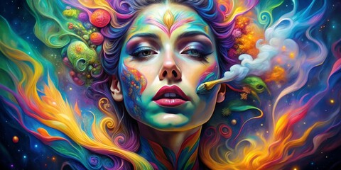 Cosmic Canvas A Woman's Face Adorned with Painted Galaxies, Digital Art, Abstract, Portrait, Surrealism , Space, Brushstroke