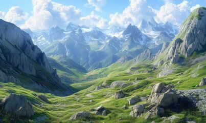 A mountain range with snow on the peaks and a green valley in between