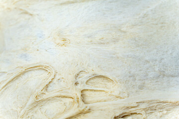 Texture of rolled dough. Background of the dough for baking. Fresh raw dough for pizza or bread baking. Close-up fermented doughs, homemade. High quality photo