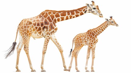 Obraz premium Loving Familial Bond: Mother and Baby Giraffe Walking Together in Isolated White Background