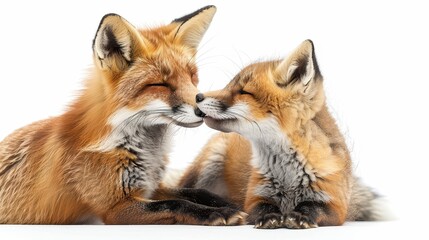 Fototapeta premium Beautiful Bond Between Mother and Baby Fox | Loving Foxes Playing Together on White Background