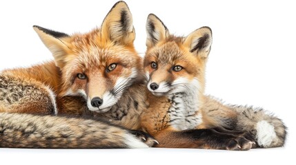 Fototapeta premium Playful Mother and Baby Fox Showing Affection on White Background