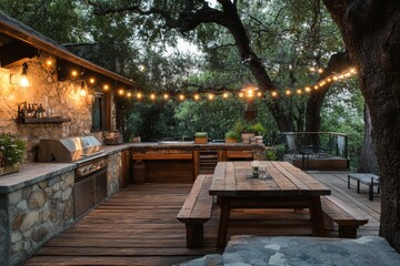 Trendy outdoor kitchen with stone elements and rustic wooden dining table under string lights