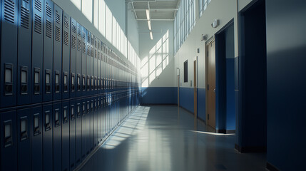 Obraz premium A hallway with blue lockers and a window