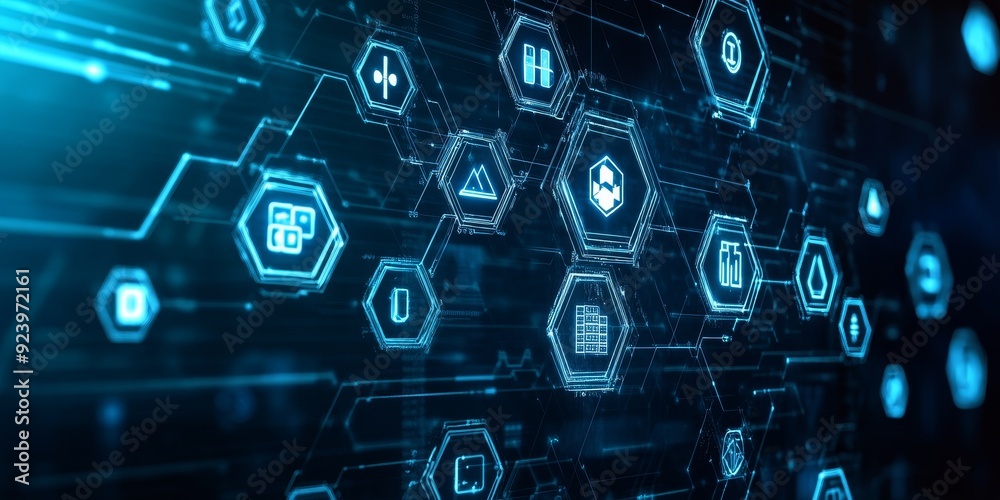 Wall mural a digital interface featuring blockchain icons, symbolizing the emerging economic structure