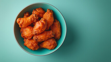 Crispy buffalo chicken wings in a turquoise bowl | Overhead view of spicy fried wings | Vibrant teal background contrasts with golden wings | Ideal for fast food and snack visuals