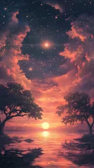 Tableau sur plexiglas  Sunset and Stars Reflecting on a Serene Lake  © Handz