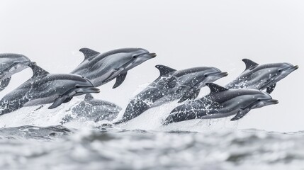 Energetic Pod of Synchronized Dolphins in Flight on White Background