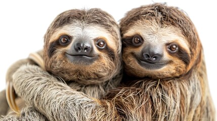Fototapeta premium Tranquil Sloth Companionship - Two Sloths Hanging Together in Serenity on White Background