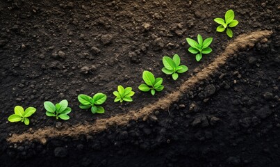 A row of small green plants growing in the dirt. The plants are in various stages of growth, with some still small and others larger. Concept of growth and development