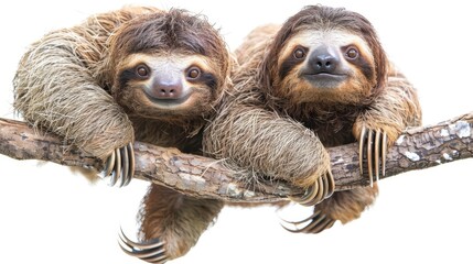 Fototapeta premium Slow-Paced Companionship: Pair of Sloths Hanging Together in Unity on White Background.