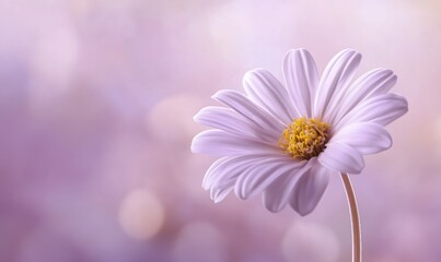 Fototapeta premium A single white flower with a yellow center is the main focus of the image. The flower is surrounded by a blurry background, which gives the impression of a dreamy, ethereal atmosphere