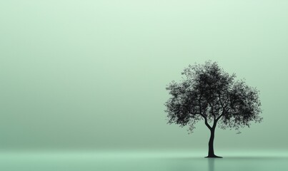 Obraz premium A tree is standing in front of a green background. The tree is the main focus of the image, and it is the only object in the scene. The background is a mix of green and blue, creating a calm