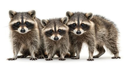 Obraz premium Curious Raccoon Family Explores Together in Unity on White Background