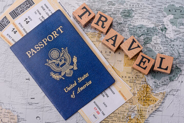 Conceptual background for travel with passport, magnifying glass, world map and money