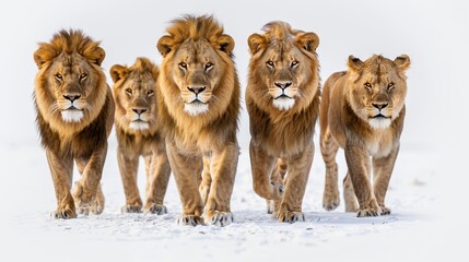 Mighty Pride of Lions Walking Together in Unity on White Background