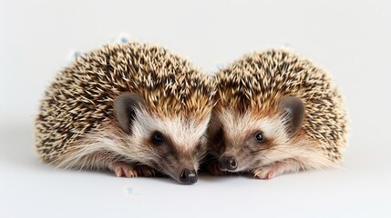 Obraz premium Hedgehogs' Companionship - Two Cute Spiky Animals Cuddling Together on White Background Symbolizing Friendship and Togetherness