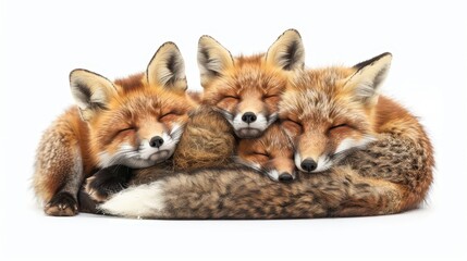 Obraz premium Adorable Family of Foxes Cuddling in Den, Embracing Close-knit Bond on White Background