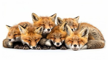 Fototapeta premium Close-knit Family of Foxes Cuddling in Den Isolated on White Background - Heartwarming Wildlife Bonding