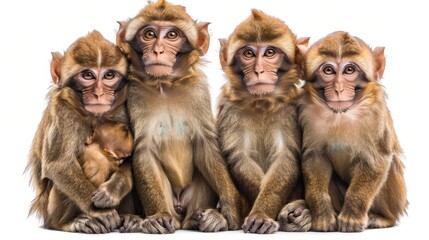 Social Monkeys - A troop of monkeys closely seated together demonstrating social behavior on white background