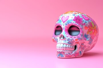 Cute sugar skull with colorful floral patterns on a pink backdrop