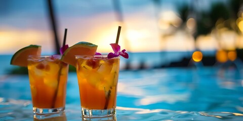 Close up of two glasses of Hawaii mai tai drinks on waikiki beach resort swimming pool border frame, travel tropical sea view backgrounds.