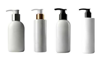 Set of four white blank cosmetic bottles for shampoo, cleanser, handwasher, lotion, cream isolated on transparent background