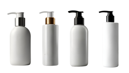 Set of four white blank cosmetic bottles for shampoo, cleanser, handwasher, lotion, cream isolated on transparent background