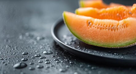 Fresh Juicy Melon Slices With Dewdrops on a Black Surface