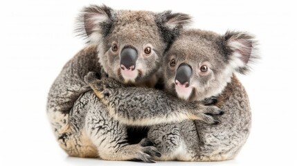 Naklejka premium Cuddly Koala Love: Mother and Baby Koala Embracing in a Heartwarming Moment on White Background