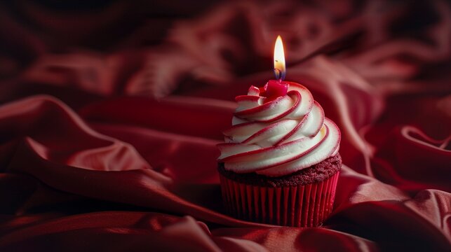 Red velvet cupcake with lighted candle on luxury silky background with empty space for text, red romantic set scene with cake and candle. - Powered by Adobe