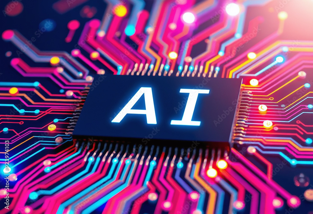 Poster ai word on microchip and colorful light spread with strong beam , ai concept