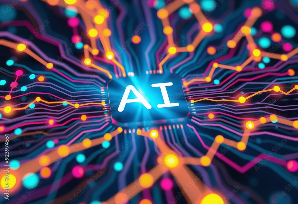 Aufkleber AI word on microchip and colorful light spread with strong beam , AI concept