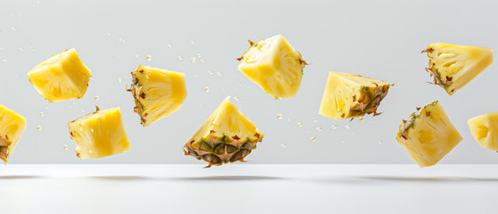 Levitating pineapple chunks isolated on a white background with studio lighting