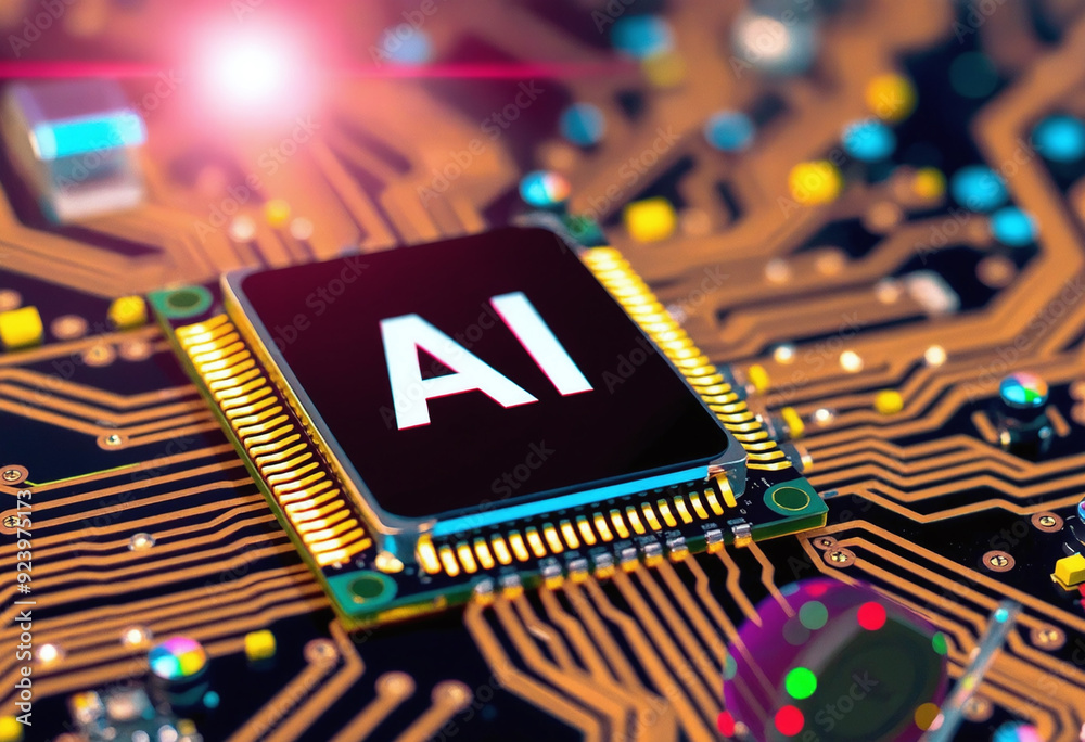 Aufkleber ai word on microchip and colorful light spread with strong beam , ai concept