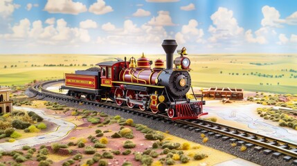 A classic   model on a railroad map crossing the Great Plains, with open fields in the background providing plenty of copy space.