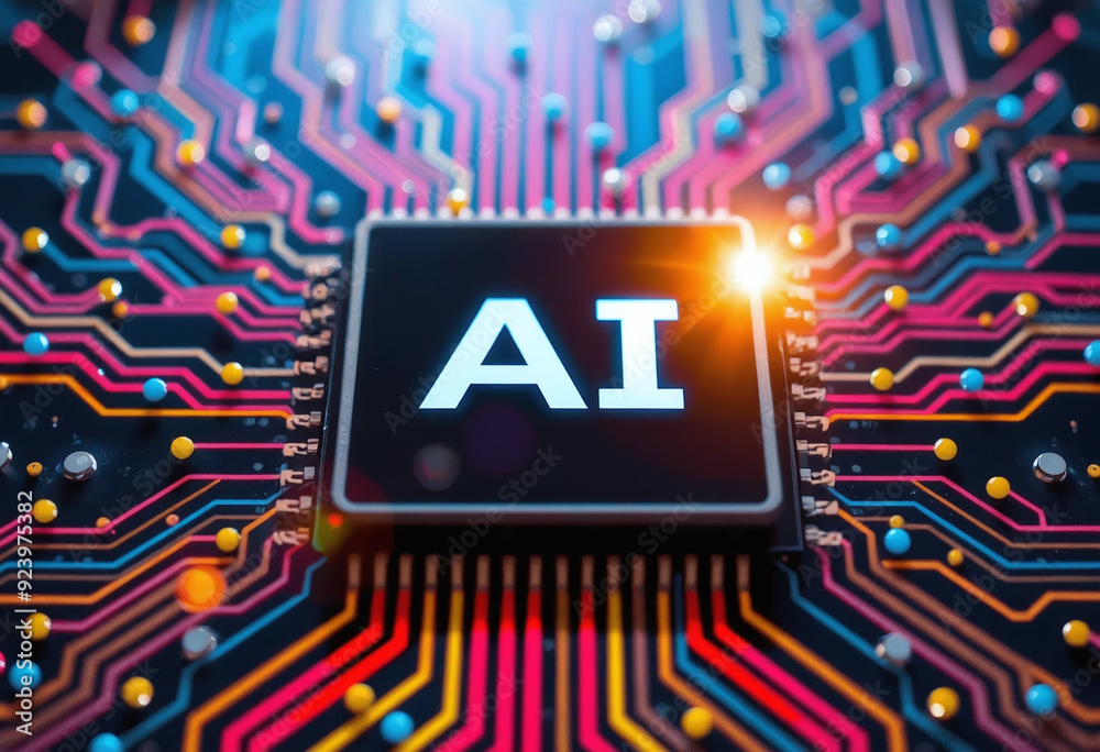 Poster ai word on microchip and colorful light spread with strong beam , ai concept