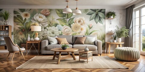 Floral Living Room Interior Design with Gray Sofa and White Pendant Light, Interior Design, Living Room, Floral Wallpaper, Modern Design