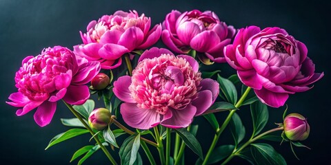 Fuchsia Peony Blooms on Black Background, Close Up, Five Flowers, Green Stems, Floral Photography, Peony, Flower - Powered by Adobe