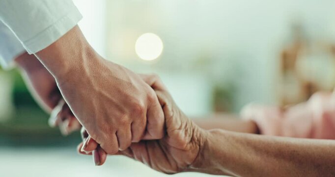 Nurse, senior woman and holding hands for support, empathy and hope after cancer. Caregiver, elderly patient and comfort closeup for kindness, medical help and trust, healthcare and rehabilitation