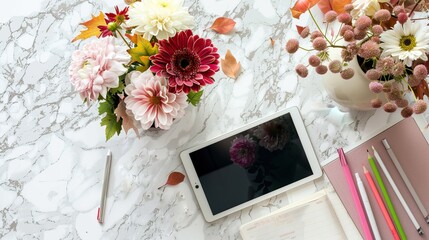 Back to school concept banner. Background the beginning of a new semester. Design of various colorful stationery and bouquet of flowers with space for text or promotional content. Education concept.