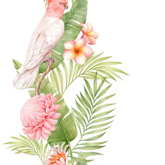 Seamless border with tropical leaves, plumeria and etlingera flowers, pink cockatoo. © dalidasia