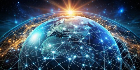 Fototapeta premium Global Network with Shining Lines and Earth, Digital Network, Technology, Internet, Connection