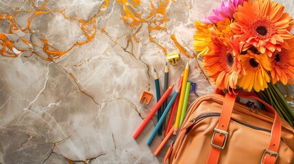 Fototapeta premium Back to school concept banner. Background the beginning of a new semester. Design of various colorful stationery and bouquet of flowers with space for text or promotional content. Education concept.