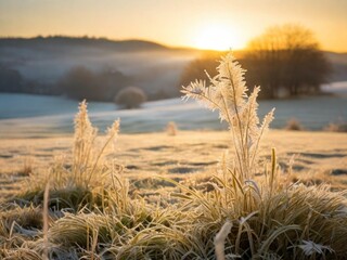 Fototapeta premium capturing golden light illuminating frosty grass at sunrise. The warm sunlight and delicate frost create a peaceful and picturesque scene